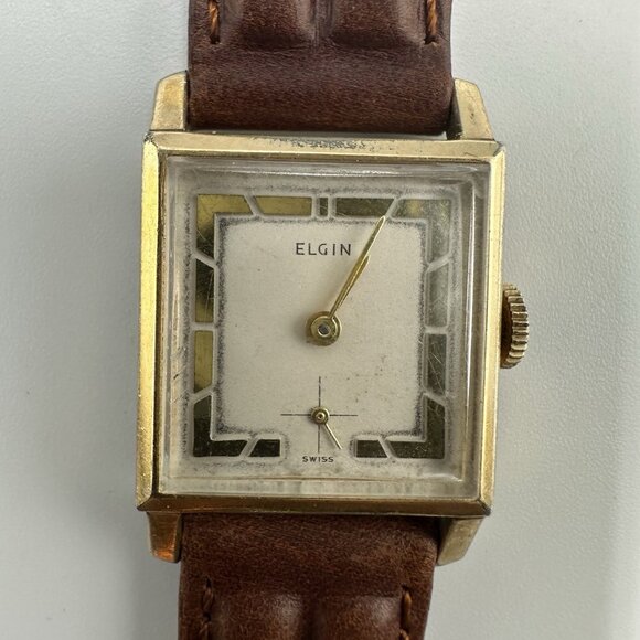 Vintage Elgin Watch Men 10k Rolled Gold Plated Case Brown Band Manual Wind 8.5" - Picture 1 of 14